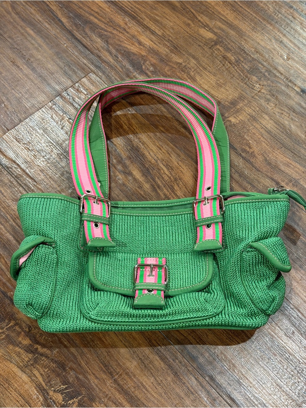 The Sak Green Woven Shoulder Bag with Pink-Striped Handles